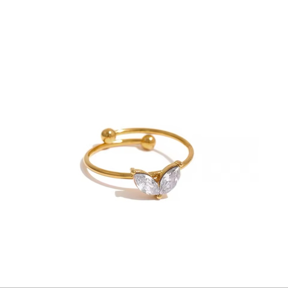 Fashion Ring White Cubic Zirconia Leaves Stainless Steel Gold Plated Adjustable
